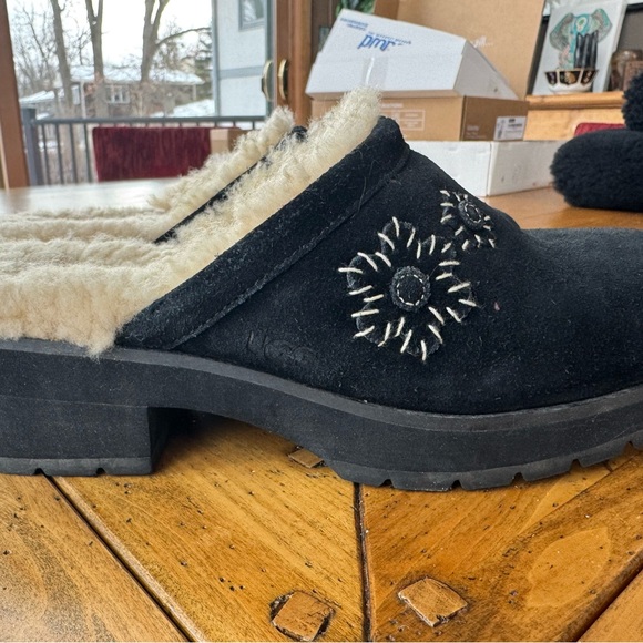UGG Black Floral Embroidered Shearling Mules - Picture 2 of 5